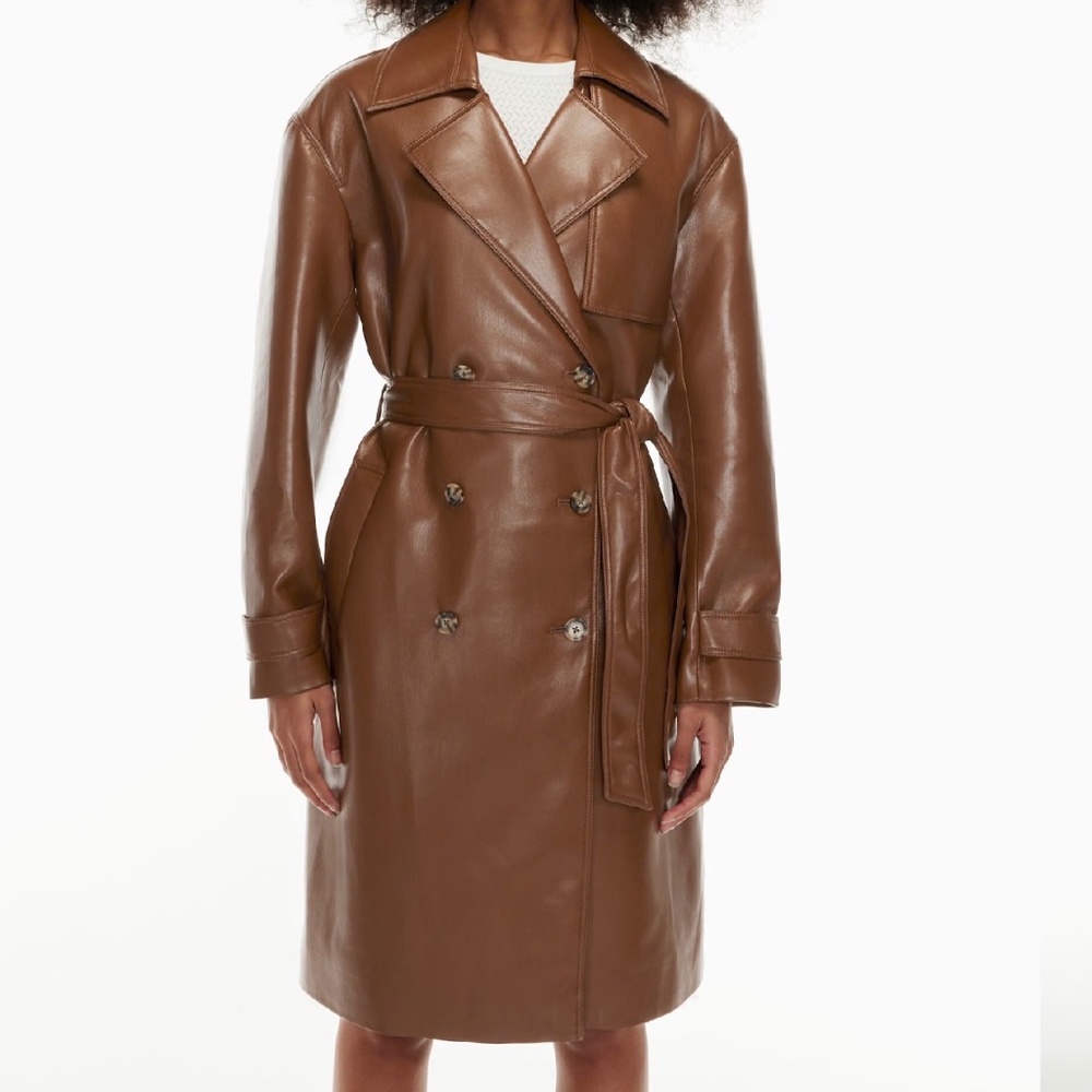 Aritzia Babaton Tabloid Vegan Leather Trench Coat in Cognac Brown, XXS, runs big
